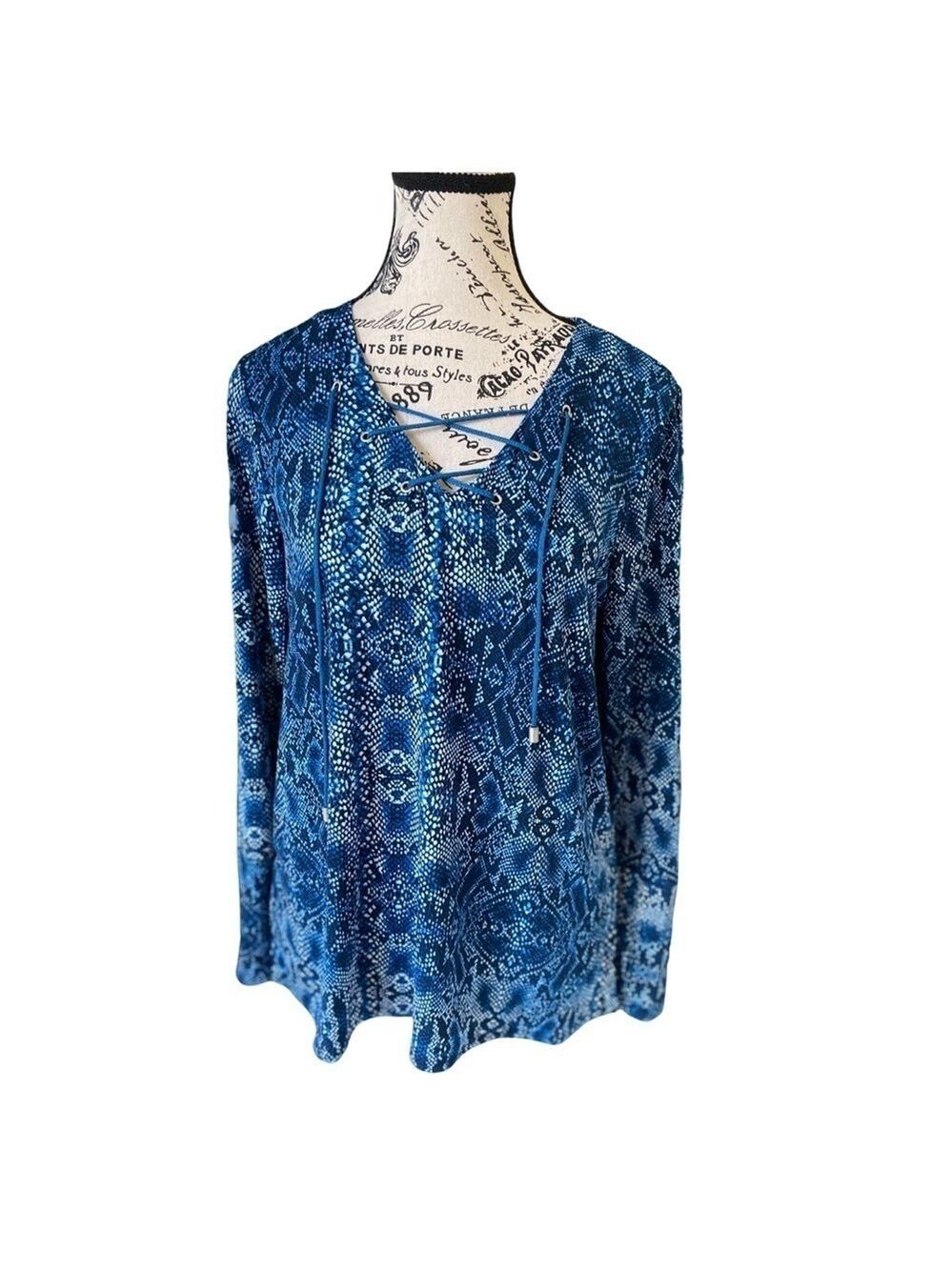 Larry Levine Long Sleeve Lace Up Blue Medallion Print Top Size S